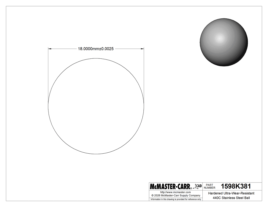 Technical Drawing of Hardened Ultra-Wear-Resistant 440C Stainless Steel Ball, Grade 25, 18 mm Diameter.